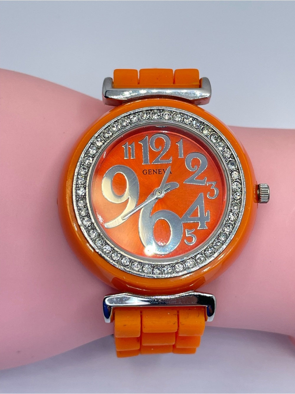 Geneva Orange Silicone Crystal Bezel Watch Silver Tone Working Modern Sleek